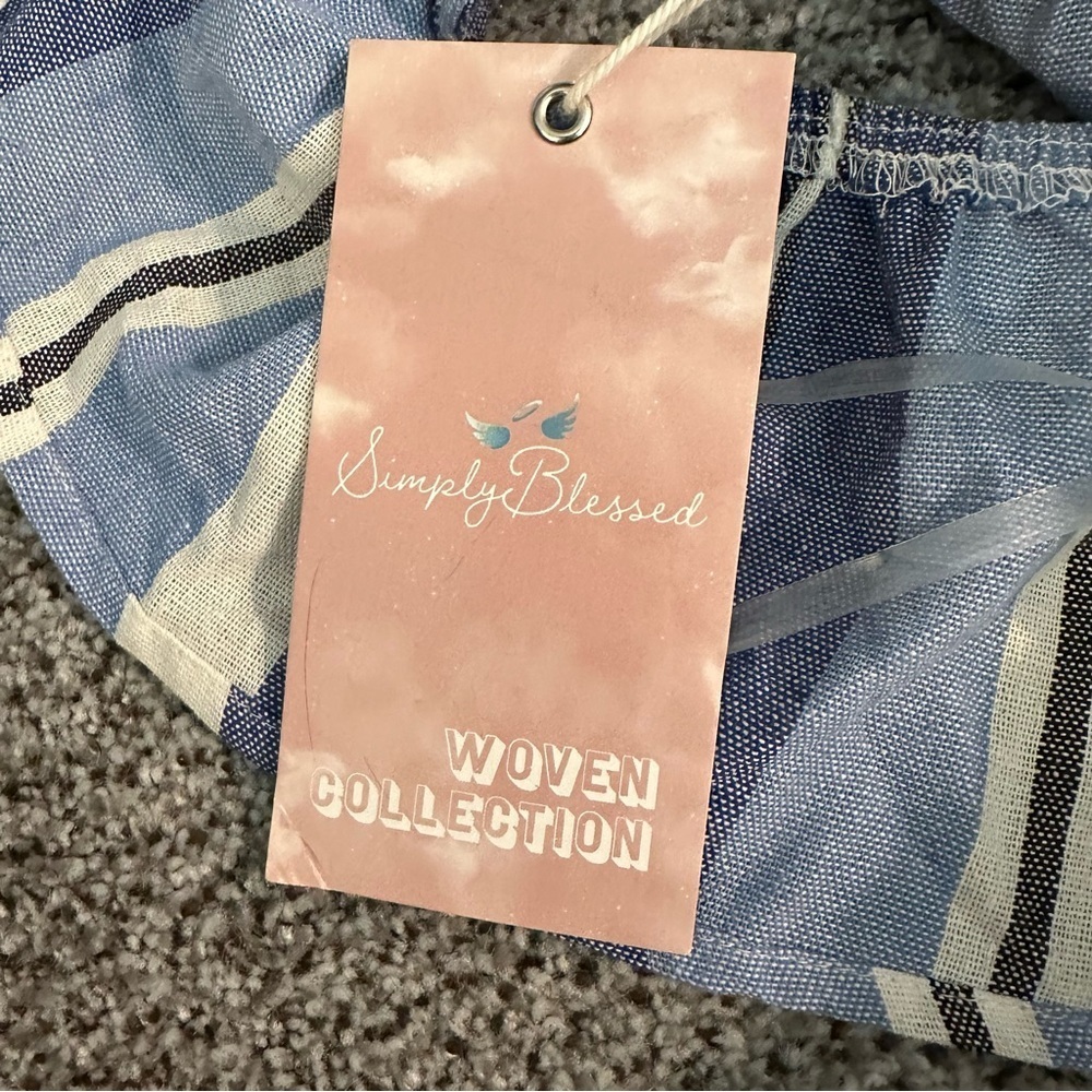 SIMPLY BLESSED S Denim Linen Cropped Striped Smocked Top Bow Tie Front R $65 NWT - Picture 12 of 13